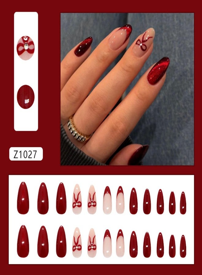 OSTTMA 24Pcs Almond Press on Nails Medium Red Fake Nails with 3D Rhinestones Bow Designs French Tip Acrylic Nails Glossy Elegant Red Stick on False Nails for Women DIY Manicure Decorations - Image 2